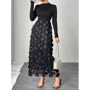 Shein Long Sleeve Maxi Dress Womens L Black Textured Dot Tulle Skirt Evening